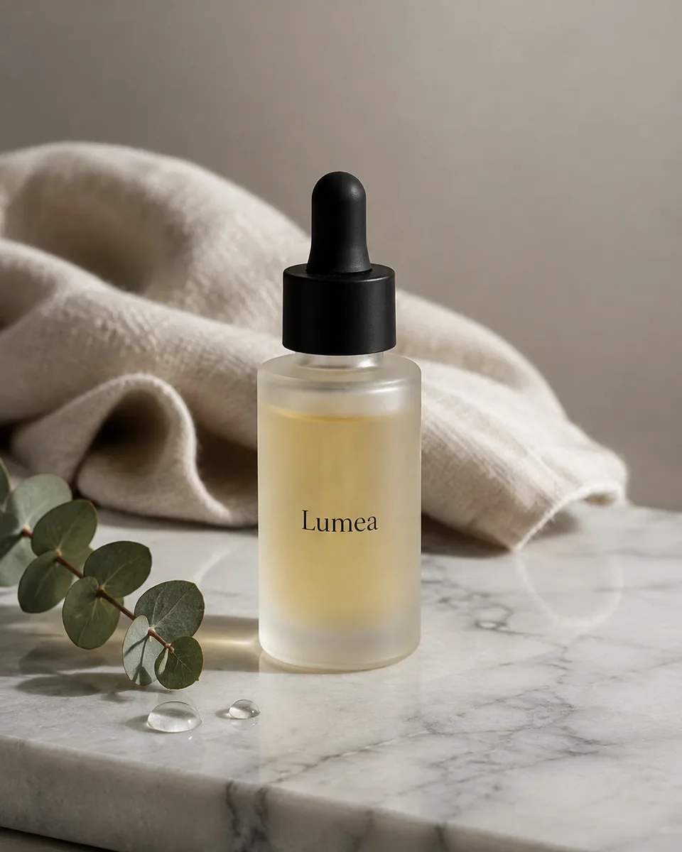 Botol serum {{product}} berlabel {{brand_name}} di atas marmer putih dengan cahaya editorial. Untuk feed IG dan katalog