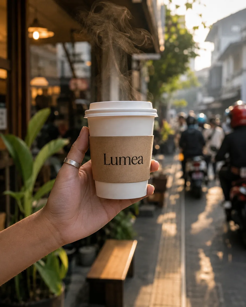 Cup kertas dengan sleeve berlogo {{brand_name}} dipegang di depan jalan kota yang blur. Untuk feed kafe dan story.