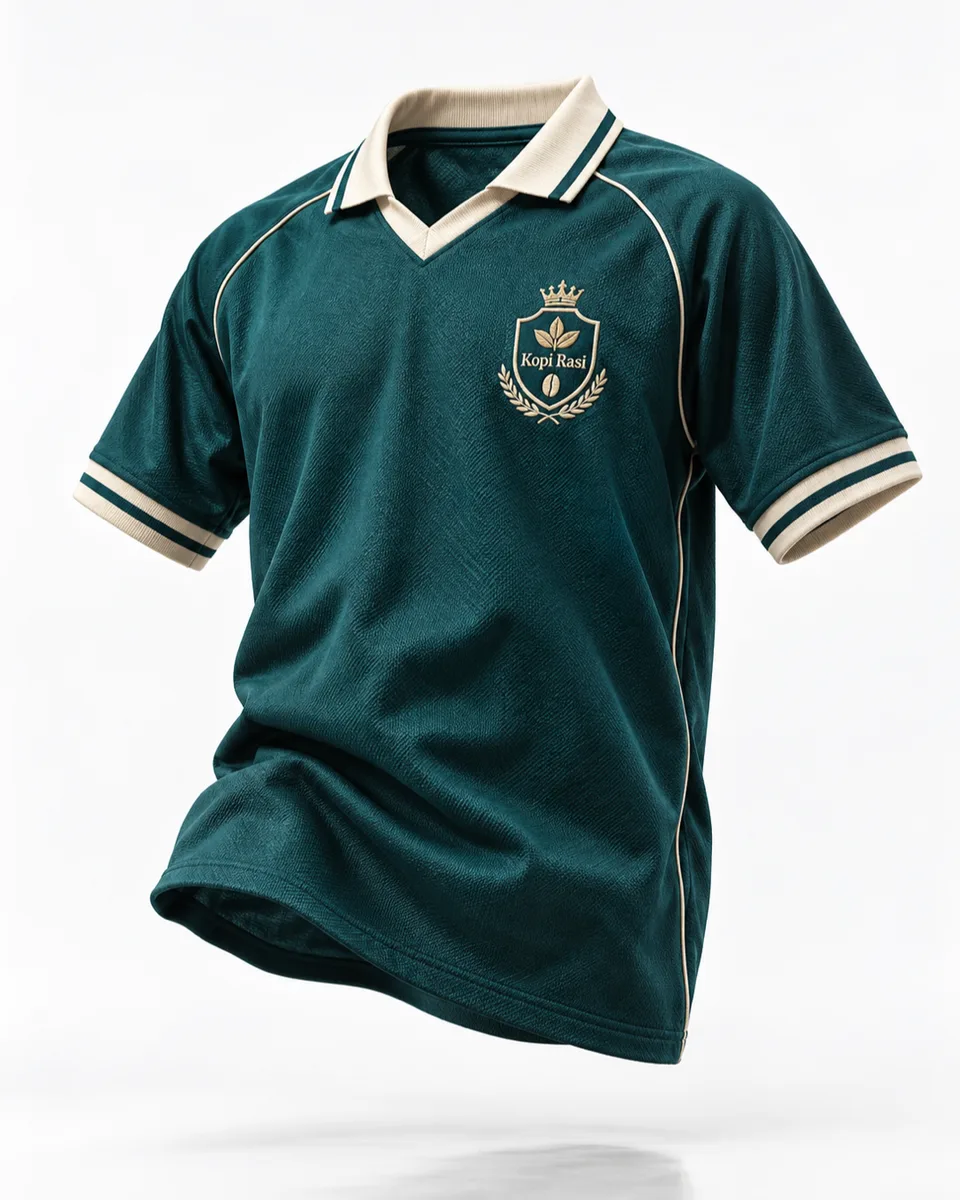 Jersey bola premium rancangan {{brand_name}} melayang miring 15 derajat di studio putih tanpa hanger, lipatan kain berat