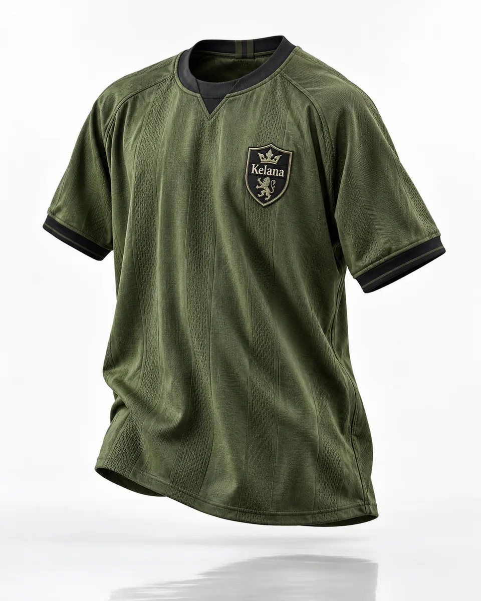 Jersey bola premium rancangan {{brand_name}} melayang miring 15 derajat di studio putih tanpa hanger, lipatan kain berat