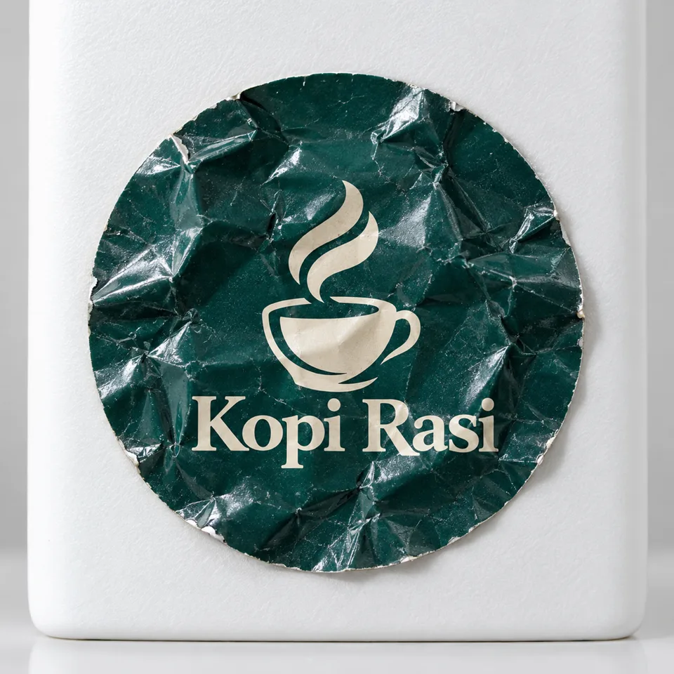 Foto makro tegak lurus satu stiker vinyl bulat {{primary_color}} berlogo {{brand_name}} yang kusut parah, lipatan tajam
