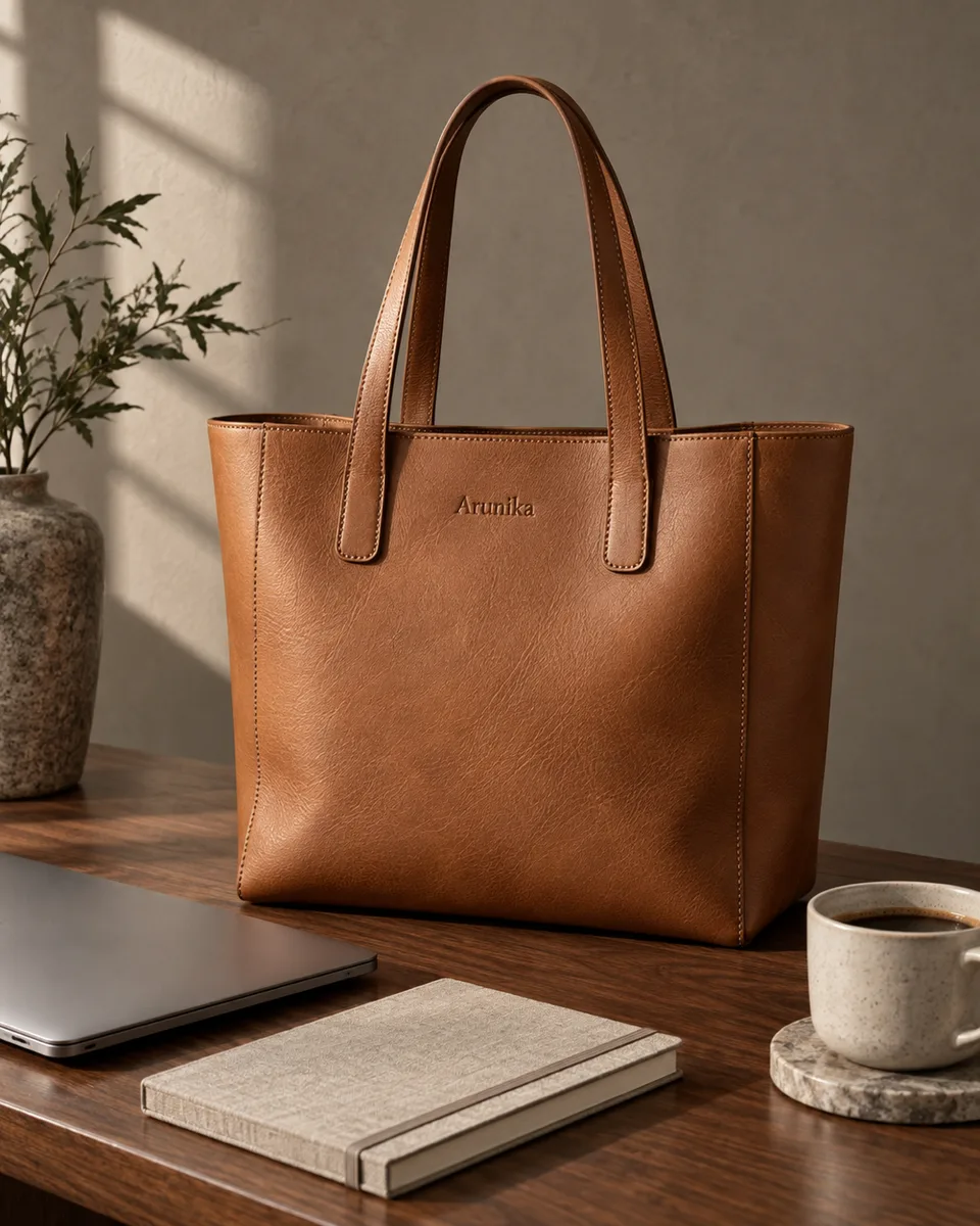 Tas kulit {{product}} {{brand_name}} berdiri di meja kayu dengan laptop, notebook, dan kopi. Untuk feed dan katalog prem