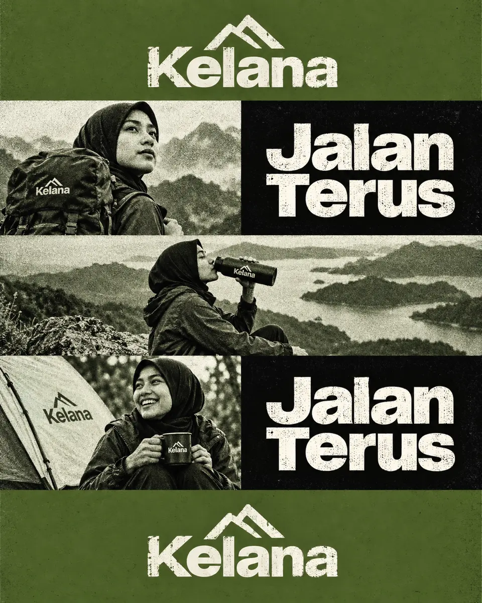 Poster grid 2 kolom full-bleed tanpa gap untuk {{brand_name}}: blok logo dan blok slogan {{tagline}} bertekstur sablon g