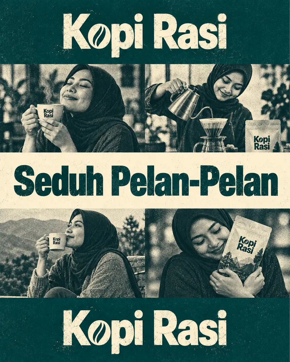 Poster grid 2 kolom full-bleed tanpa gap untuk {{brand_name}}: blok logo dan blok slogan {{tagline}} bertekstur sablon g