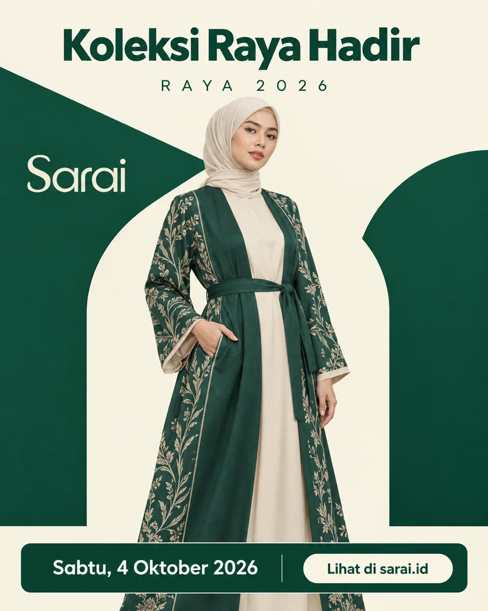 {{model_look}} dalam look utama {{collection_name}} {{brand_name}}, {{headline}} besar, {{date_time}} dan {{cta}} di baw