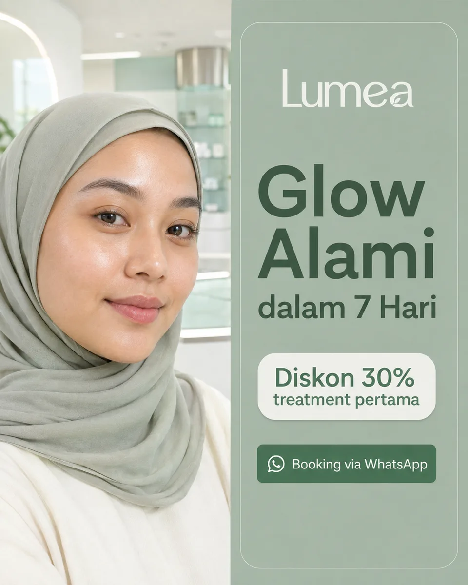Wajah {{model_look}} berkulit dewy di kiri, panel {{primary_color}} dengan {{headline}}, {{offer}} dan {{cta}} di kanan.