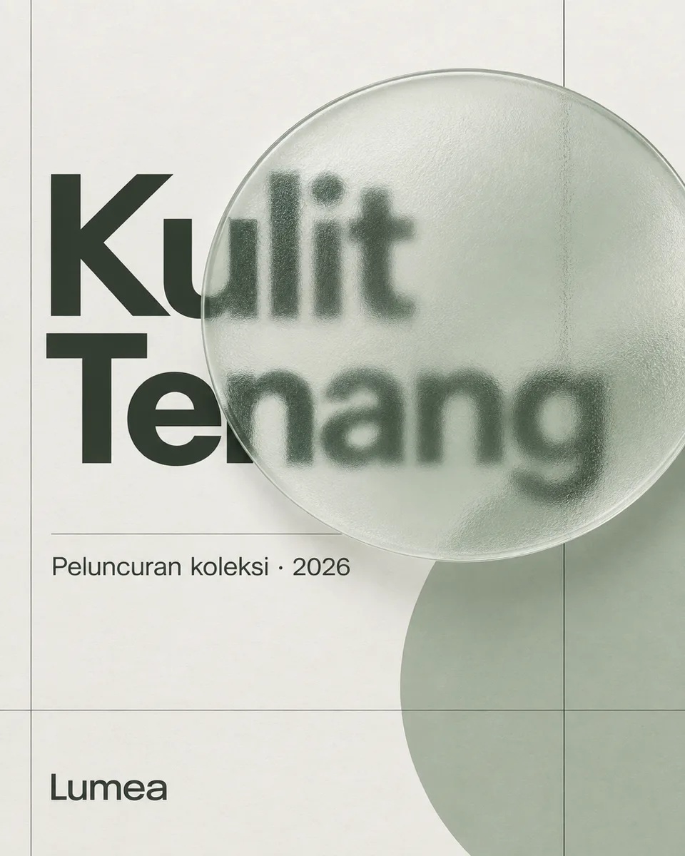 Poster Swiss Design minimalis: judul {{headline}} dalam sans-serif tebal di grid ketat, panel kaca frosted besar menutup