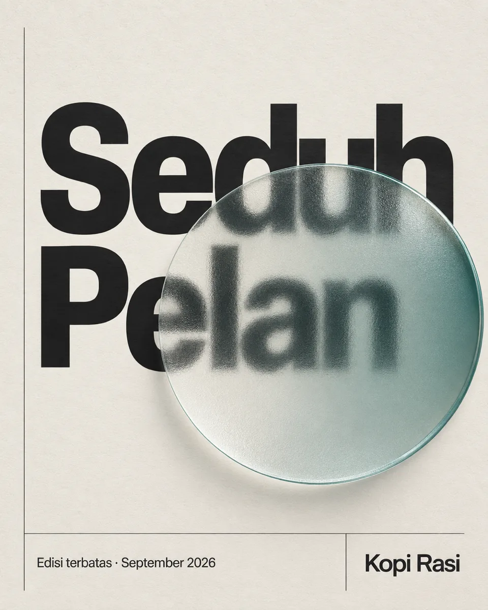 Poster Swiss Design minimalis: judul {{headline}} dalam sans-serif tebal di grid ketat, panel kaca frosted besar menutup